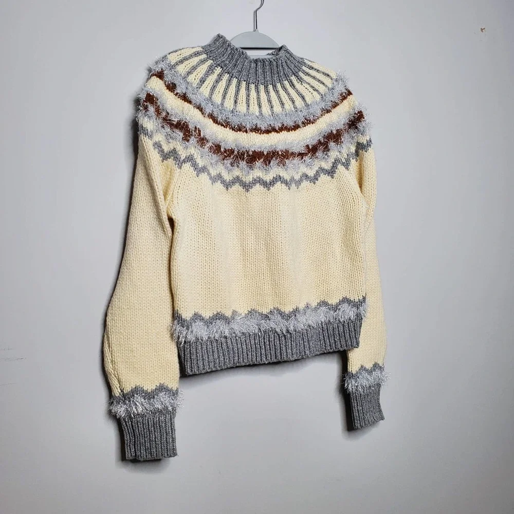 LOU & GREY • Irish Cream Festive Metallic Accent Fair Isle Mockneck Sweater Sz M - Picture 3 of 9
